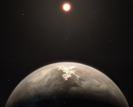 Artist's concept of the exoplanet Ross 128b and its star.